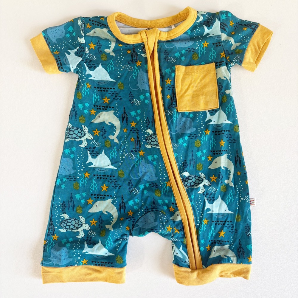 Emerson and Friends Baby Ocean Friends Bamboo Shortie Zippy Romper Teal 0-3M NWT